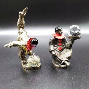 Set of 2 Vintage W.A.P.W. Pewter and Crystal Clown Miniatures GUC Patina